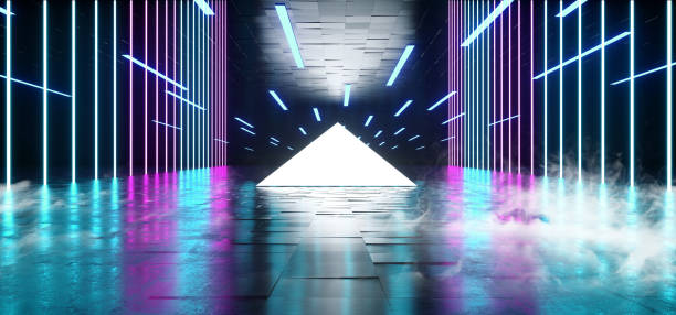 istock Smoke Triangle Pyramid Neon Glowing Sci Fi Purple Blue Futuristic Concrete Empty Grunge Reflective Room Vibrant Spectrum Fluorescent Luminous Lasers Hall Tunnel Corridor Alien Spaceship 3D Rendering 1140334133
