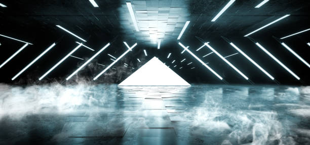 istock Smoke Fog Triangle Pyramid Neon Glowing Sci Fi Blue Futuristic Concrete Empty Grunge Reflective Room Vibrant Spectrum Fluorescent Luminous Lasers Hall Tunnel Corridor Alien Spaceship 3D Rendering 1140334156