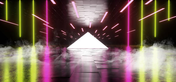 istock Smoke Triangle Pyramid Neon Glowing Sci Fi Red Green White Futuristic Concrete Empty Grunge Reflective Room Vibrant Spectrum Fluorescent Luminous Lasers Hall Tunnel Corridor Alien Spaceship 3D Rendering 1140334164