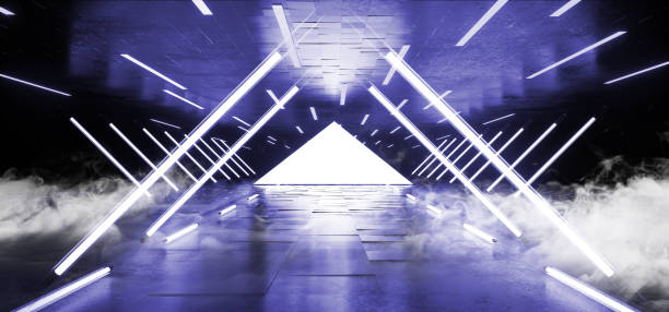 istock Smoke Triangle Pyramid Neon Glowing Sci Fi Purple Blue Futuristic Concrete Empty Grunge Reflective Room Vibrant Spectrum Fluorescent Luminous Lasers Hall Tunnel Corridor Alien Spaceship 3D Rendering 1140334178