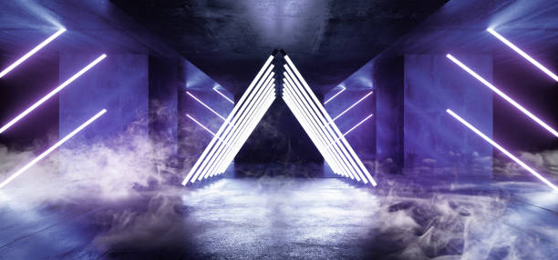 istock Smoke Triangle Pyramid Neon Glowing Sci Fi Ultraviolet Purple Blue Futuristic Concrete Empty Grunge Reflective Room Vibrant Spectrum Fluorescent Luminous Lasers Hall Tunnel Corridor Alien Spaceship 3D Rendering 1140334215