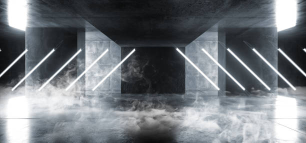 istock Smoke Steam Fog Triangle Pyramid Neon Glowing Sci Fi Blue White Futuristic Concrete Empty Grunge Reflective Room Fluorescent Luminous Lasers Hall Tunnel Corridor Alien Spaceship 3D Rendering 1140334286