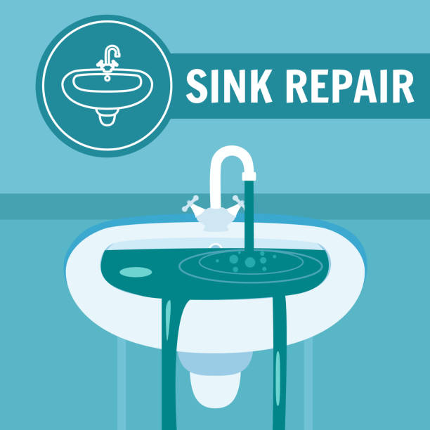 ilustrações, clipart, desenhos animados e ícones de faucet entupido torneira vazamento torneira de reparação sink - sink toilet bathtub installing