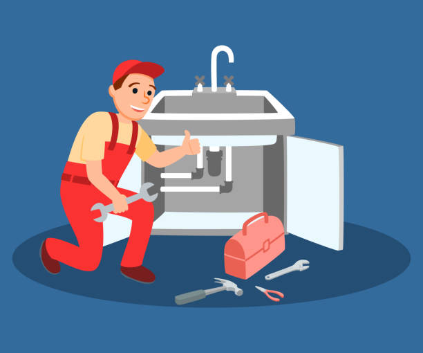 ilustraciones, imágenes clip art, dibujos animados e iconos de stock de maestro de fontanero con llave de fijación cocina faucet - plumber