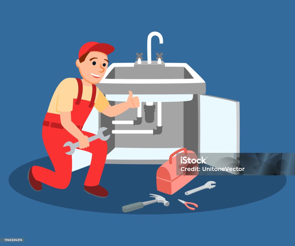 Maître de plombier avec la fixation de clé robinet de cuisine - clipart vectoriel de Plombier libre de droits