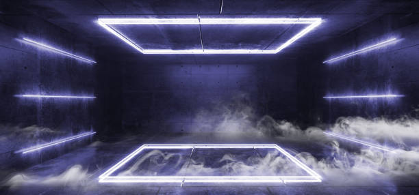 istock Smoke Vibrant Retro Neon Glowing Purple Blue Fluorescent Futuristic Sci Fi Rectangle Shaped Abstract Stage Lights Dance Room Empty Reflective Cement Concrete 3D Rendering 1140334343