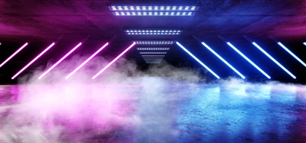 istock Smoke Triangle Pyramid Neon Glowing Sci Fi Purple Blue Futuristic Concrete Empty Grunge Reflective Room Vibrant Spectrum Fluorescent Luminous Lasers Hall Tunnel Corridor Alien Spaceship 3D Rendering 1140334449
