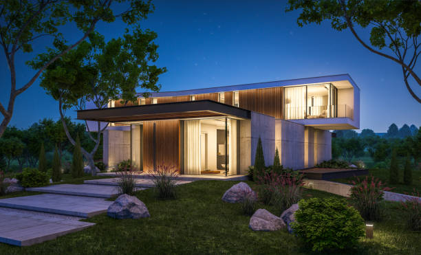 istock 3d rendering of modern house on the hill with pool in night 1140335401