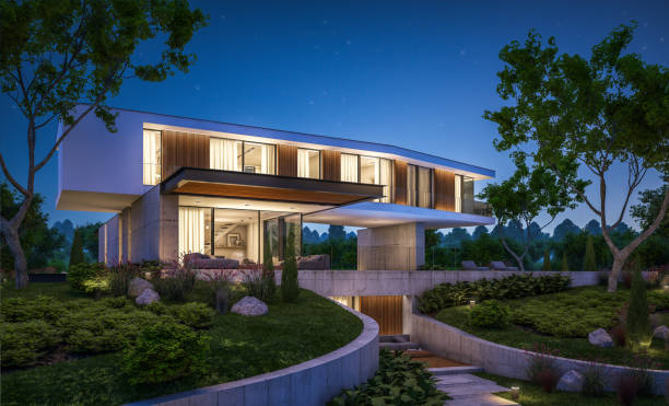 istock 3d rendering of modern house on the hill with pool in night 1140335421