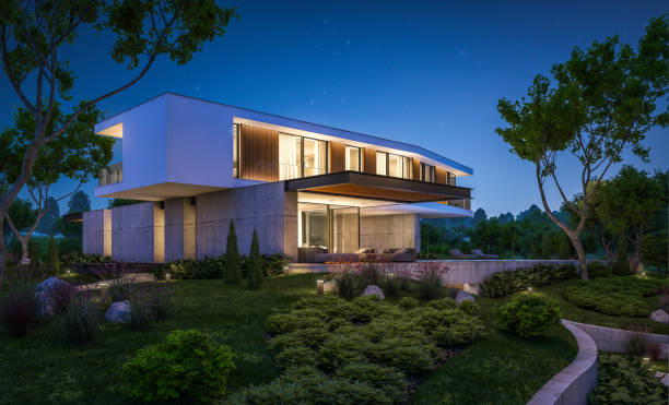 istock 3d rendering of modern house on the hill with pool in night 1140335422