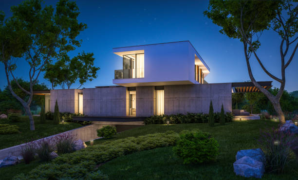 istock 3d rendering of modern house on the hill with pool in night 1140335423