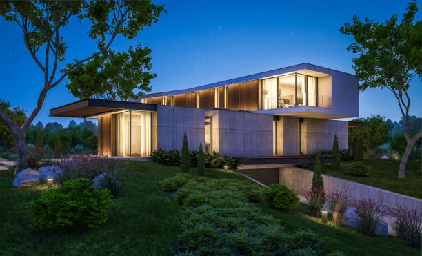 istock 3d rendering of modern house on the hill with pool in night 1140335439