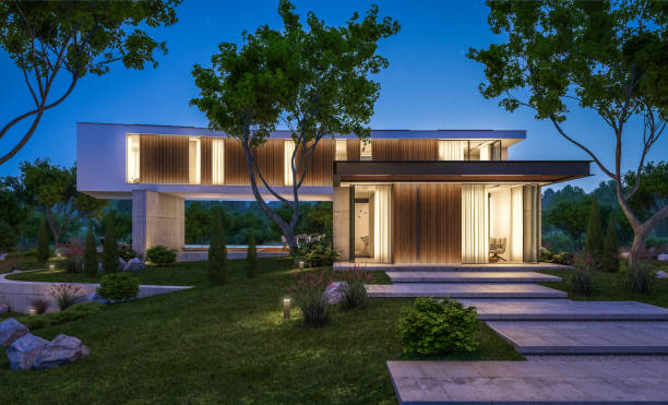 istock 3d rendering of modern house on the hill with pool in night 1140335951