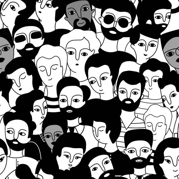 Seamless pattern with a multicultural group of men Seamless pattern with a multicultural group of men (Muslim, Asian, European) on a white background. Social diversity. Doodle cartoon vector seamless pattern. crowd of people drawings stock illustrations