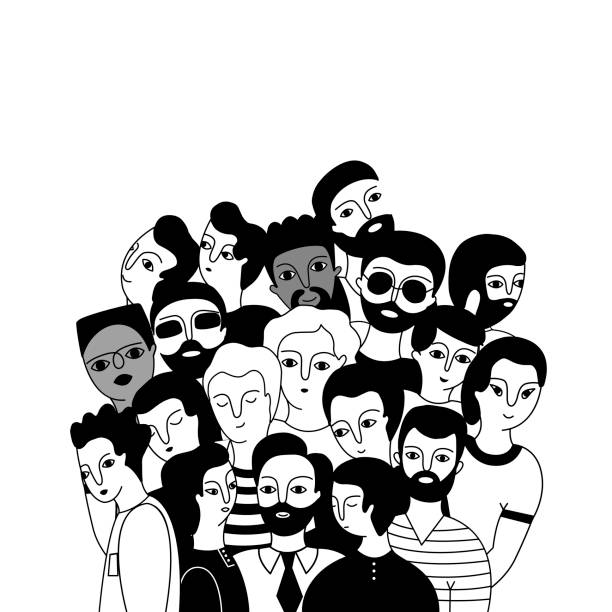 A multicultural group of men A multicultural group of men (Muslim, Asian, European) on a white background. Social diversity. Doodle cartoon vector illustration. crowd of people drawings stock illustrations
