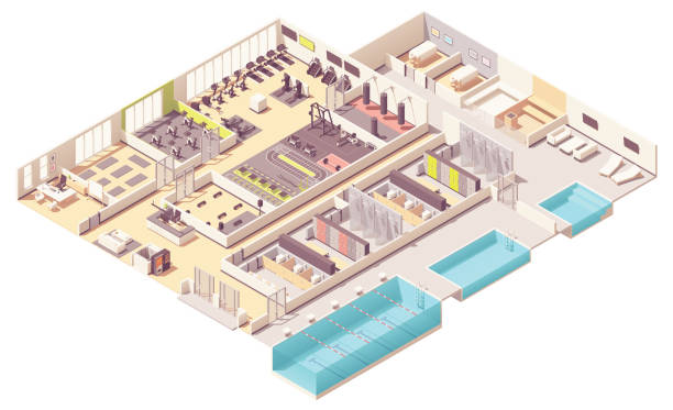 Vector isometric fitness club with swimming pool Vector isometric fitness club or gym interior cross-section with fitness equipment and machines. Cycling, step aerobics and pilates rooms, boxing zone, swimming pool, massage and steam rooms, lockers health club stock illustrations