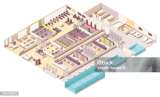 Vector Isometric Fitness Club With Swimming Pool Stock Illustration - Download Image Now - Gym, Health Club, Isometric Projection