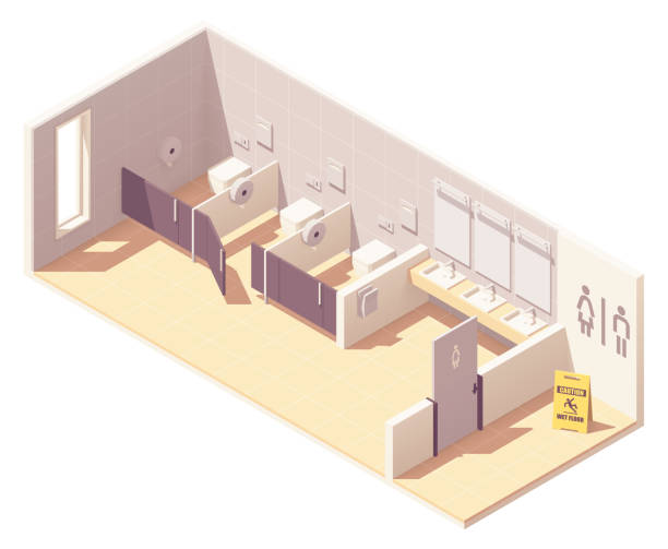Vector isometric public female toilet room Vector isometric public female toilet room. Bowls in cubicles, sinks with mirrors and hand dryer bathroom designs stock illustrations