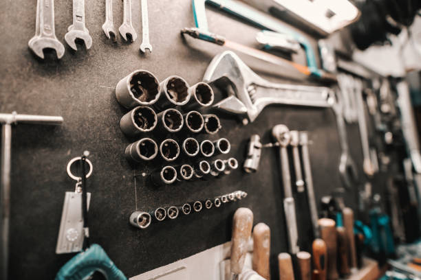 istock Picture of tools on wall in bicycle workshop. 1140336402