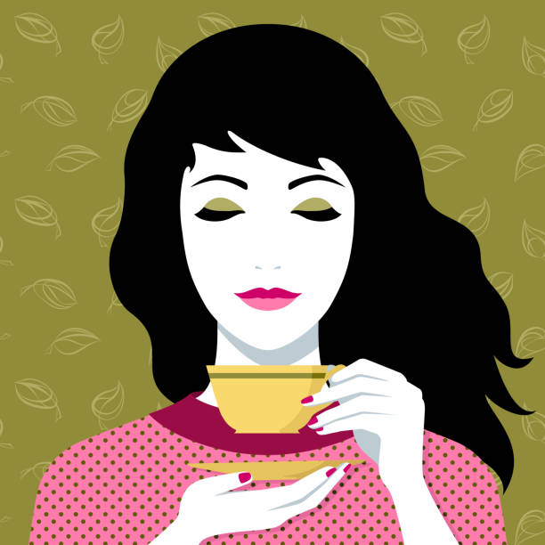 frau trinkt tee oder kaffee - lebensfreude essen stock-grafiken, -clipart, -cartoons und -symbole