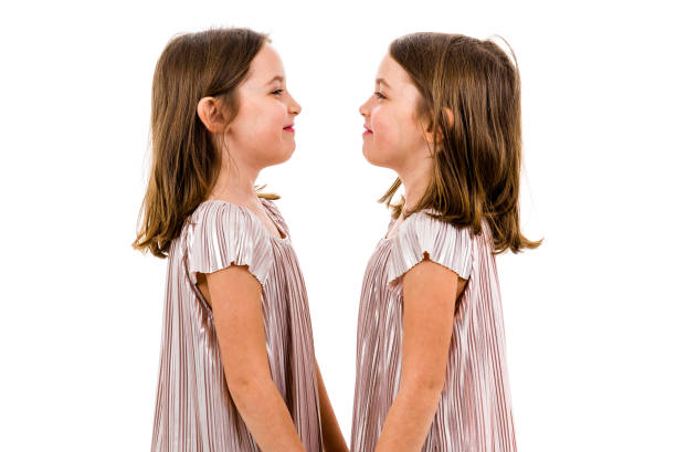 istock Identical twin girls are looking at each other and smiling. 1140342019