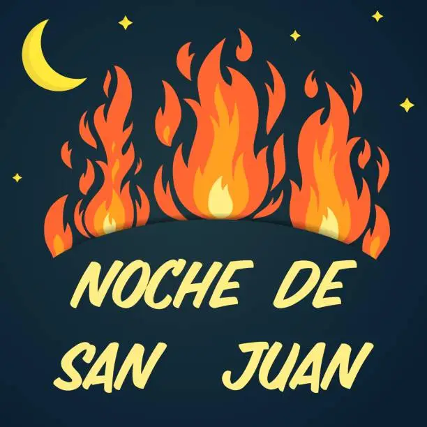 Vector illustration of Vector festive poster Night of Saint John with bonfires, text on dark blue sky. Spanish translation Noche de San Juan. Greeting card to celebrate the summer solstice, banner. Popular Event in Spain.