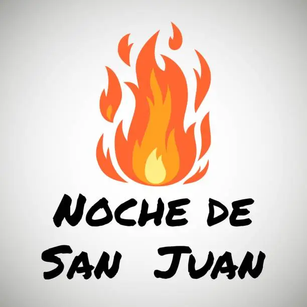 Vector illustration of Vector festive poster Night of Saint John with bonfire and text. Spanish translation Noche de San Juan. Greeting card to celebrate the summer solstice, flat banner. Popular Event in Spain.