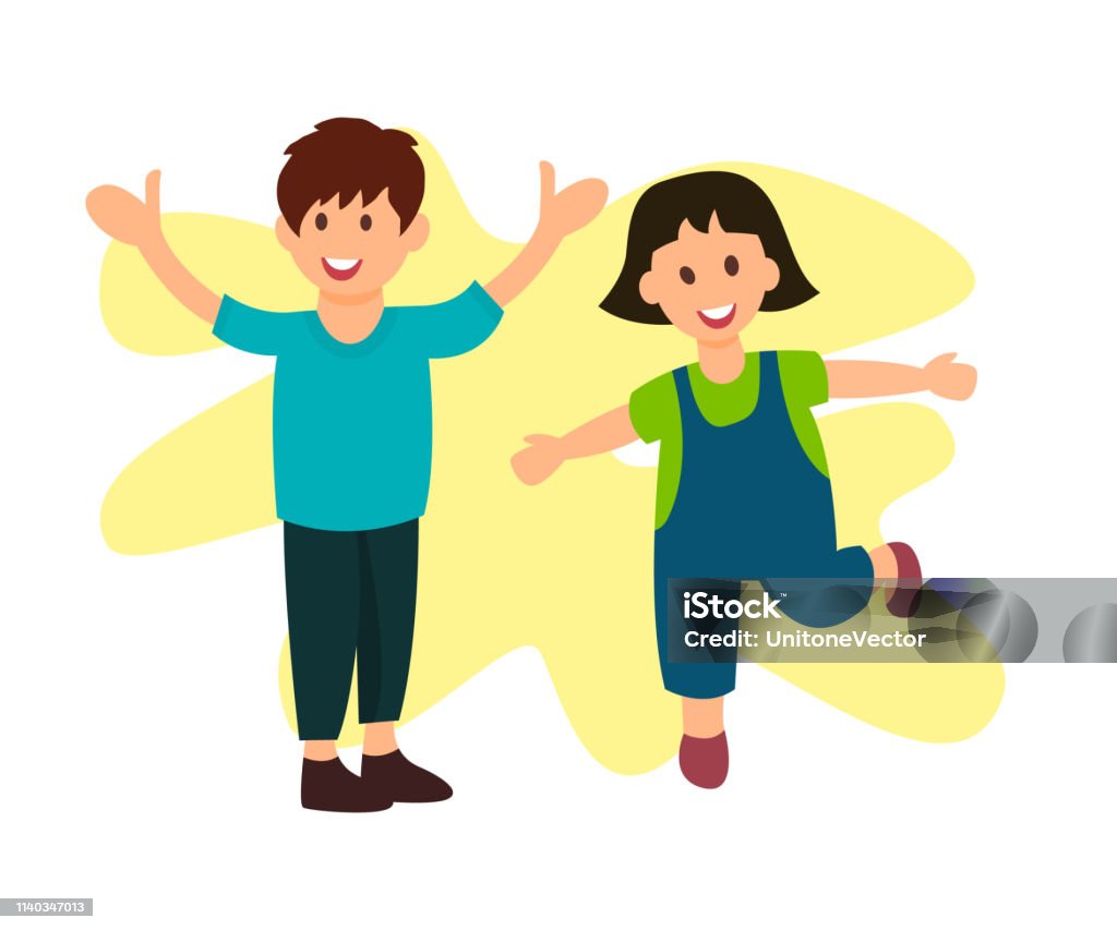 предподростковый Улыбаясь Брат И Сестра Плоский Вектор Символов — стоковая векторная графика и другие изображения на тему Предподростковый возраст - Предподростковый возраст, Счастье, Бегать - iStock