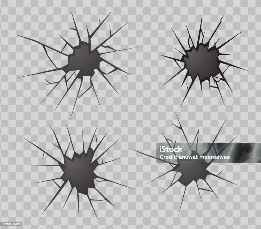 The hole or glass is broken by severe shocks on a transparent background. Cracked stock vector