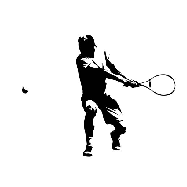 illustrations, cliparts, dessins animés et icônes de joueur de tennis, double main tourné revers, abstrait silhouette vecteur isolé - tennis silhouette playing forehand