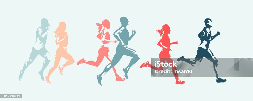 Course marathon. Groupe de gens qui courent, hommes et femmes. Silhouettes vectorielles isolées - clipart vectoriel de Courir libre de droits