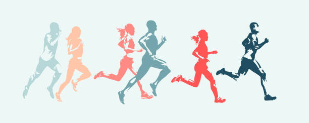 illustrations, cliparts, dessins animés et icônes de course marathon. groupe de gens qui courent, hommes et femmes. silhouettes vectorielles isolées - exercising running women jogging