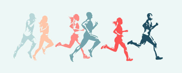 illustrazioni stock, clip art, cartoni animati e icone di tendenza di maratona. gruppo di persone, uomini e donne in corsa. sagome vettoriali isolate - running