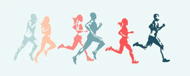 Vector illustration of Marathon run. Group of running people, men and women. Isolated vector silhouettes
