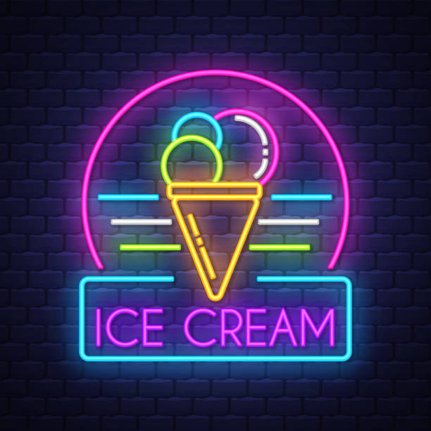 Ice cream- Neon Sign Vector on brick wall background Ice cream- Neon Sign Vector. Ice cream - Badge in neon style on brick wall background, design element, light banner, announcement neon signboard, night advensing. Vector Illustration neon sign ice cream stock illustrations