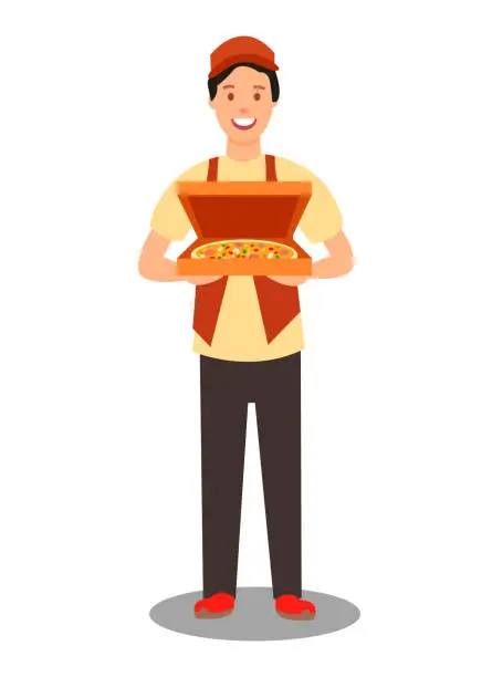 Vector illustration of Pizza Courier Holding Order Vector Illustration