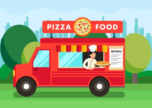 Vector illustration of Chef in Pizza Food Truck Cartoon Illustration
