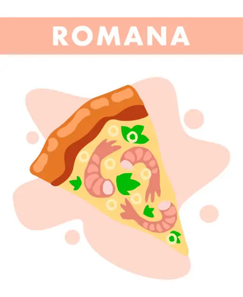 Vector illustration of Romana Pizza Slice Closeup Cartoon Illustration