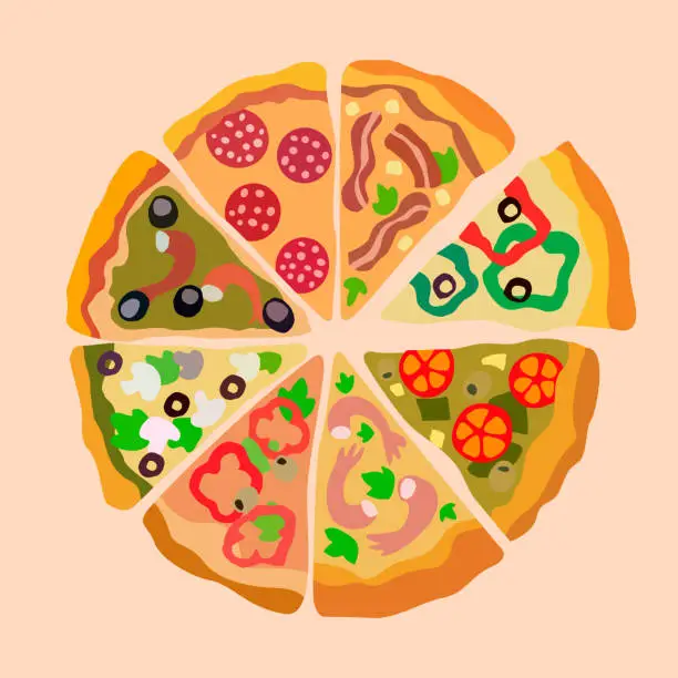 Vector illustration of Assorti Pizza Slices Color Vector Illustration