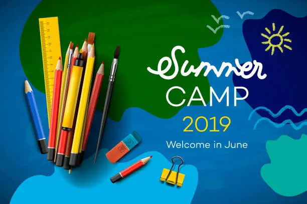 Vector illustration of Themed Summer Camp poster 2019, vector illustration.