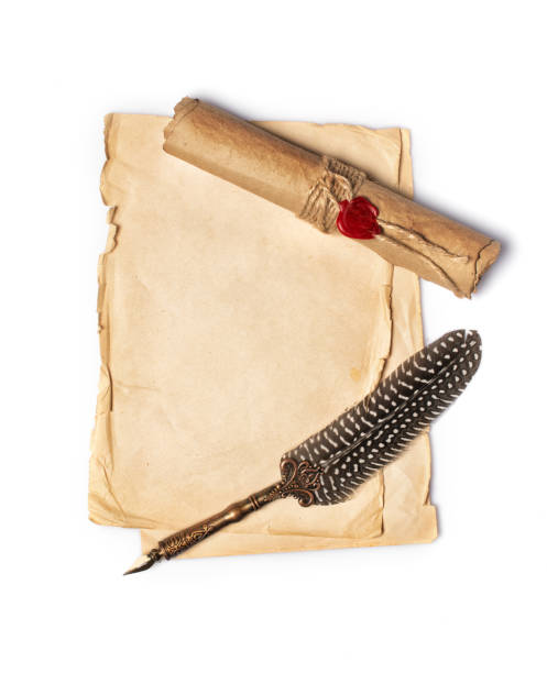 istock Vintage composition with yellowed paper sheets and luxury quill pen 1140356083