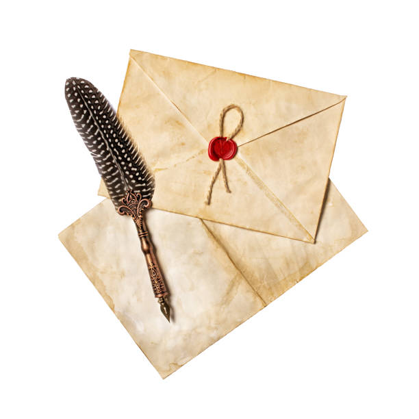 istock Vintage composition with yellowed letter in envelope and luxury quill pen 1140356623