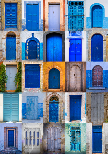blue painted old vintage doors from various countries.