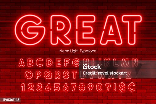 istock Neon light alphabet, numbers, extra glowing font 1140361143