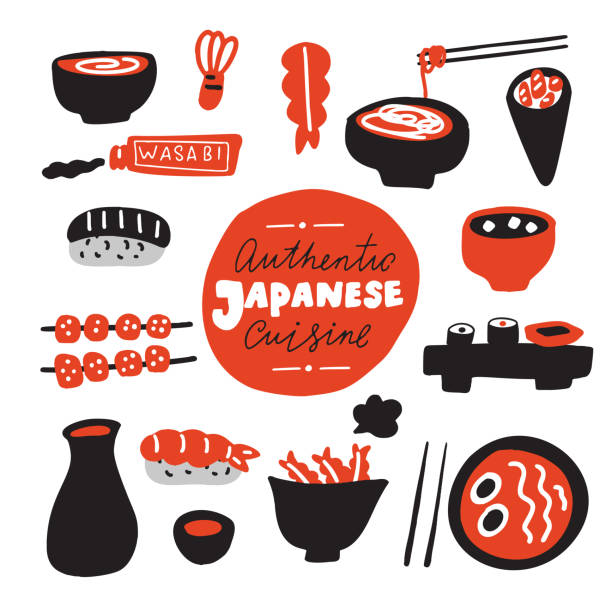 illustrations, cliparts, dessins animés et icônes de cuisine japonaise authentique. nourriture tirée à la main. griffonnages. fabriqué en vecteur. - cuisine japonaise