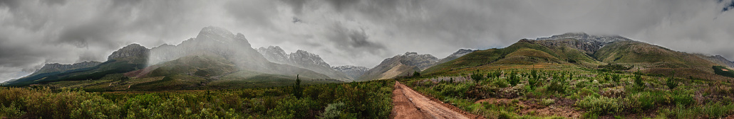 Panoramic 6:1 image of Jonkershoek Winter Storm and Snow closer to Stellenbosch South Africa