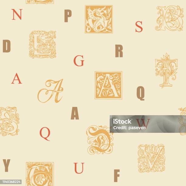 Seamless Pattern With Capital And Initial Letters Stock Illustration - Download Image Now - Abstract, Alphabet, Antique