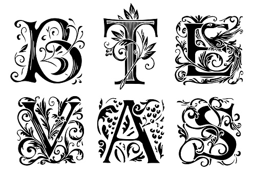 Vector set of six decorative hand drawn initial letters. English letters in vintage style. Fancy letters with curls. Black and white illustration.