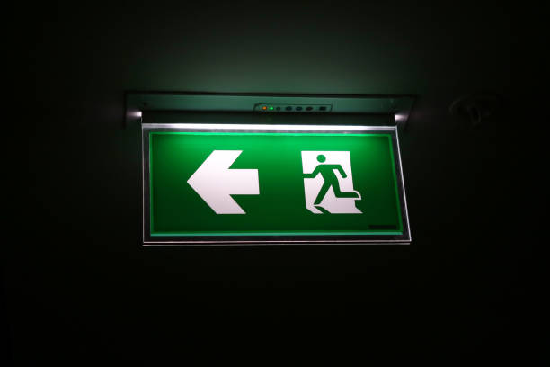 istock The safety green sign symbol for go to the fire exit. 1140370140
