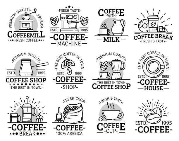 Coffeeshop and coffeehouse coffee cup line icons Coffeeshop, cafe or cafeteria and coffeehouse line icons. Vector premium quality coffee cup of cappuccino and americano, Turkish sezve maker and coffee beans, sugar and milk pot with donut dessert cezve stock illustrations